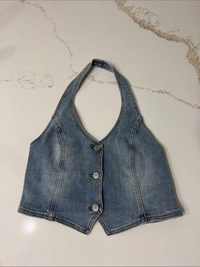 RSQ Light Blue Denim Halter Top with Button Front ~ L